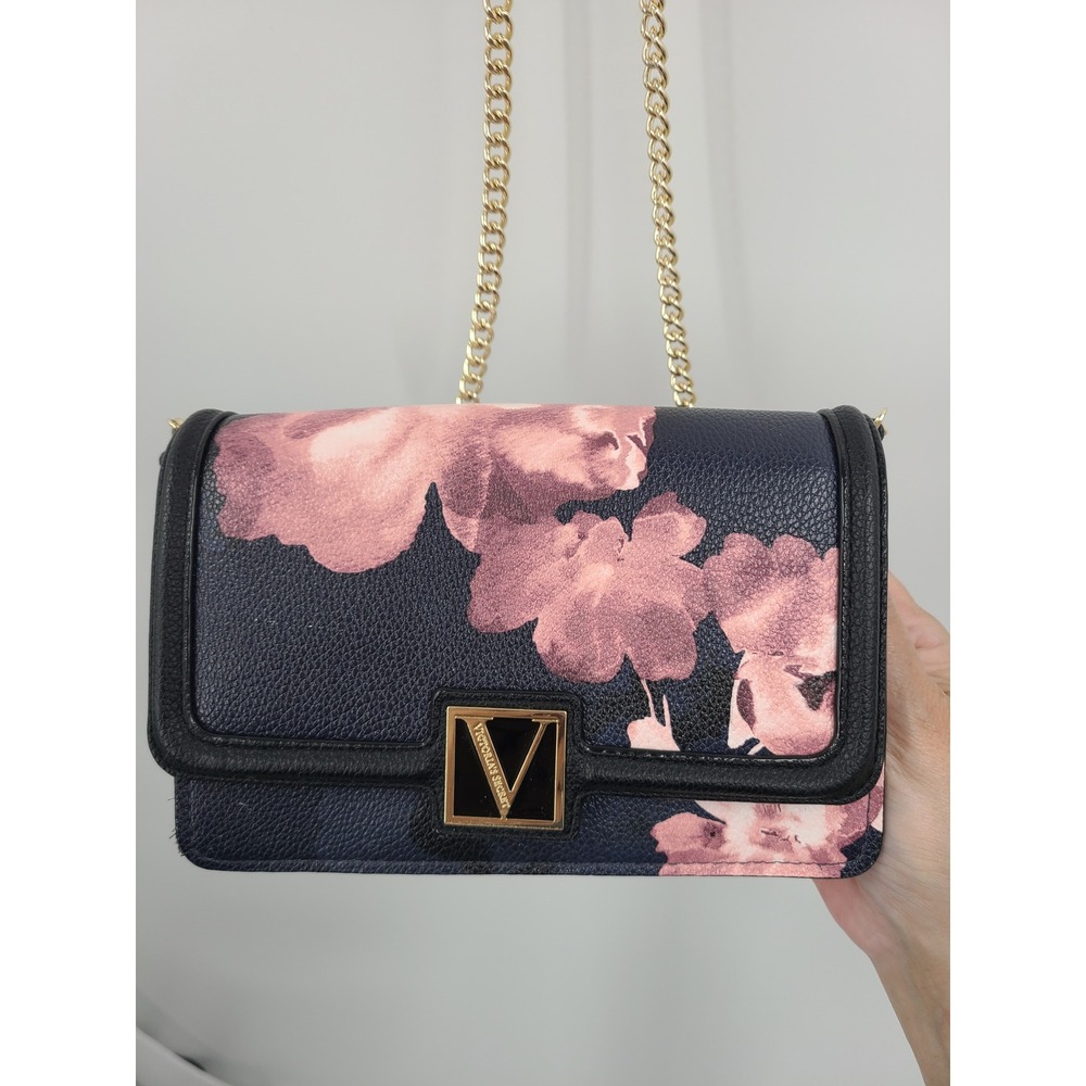 Victoria's Secret Dark Floral Crossbody Bag Navy Pink Roses Gold Chain Romantic